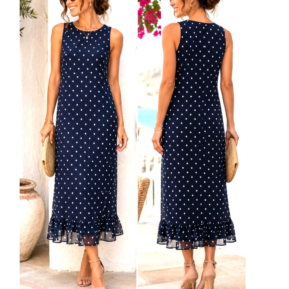 Polka Dot Maxi Dress, Ruffle Hem, Sleeveless, Preppy, Coastal, Size 10